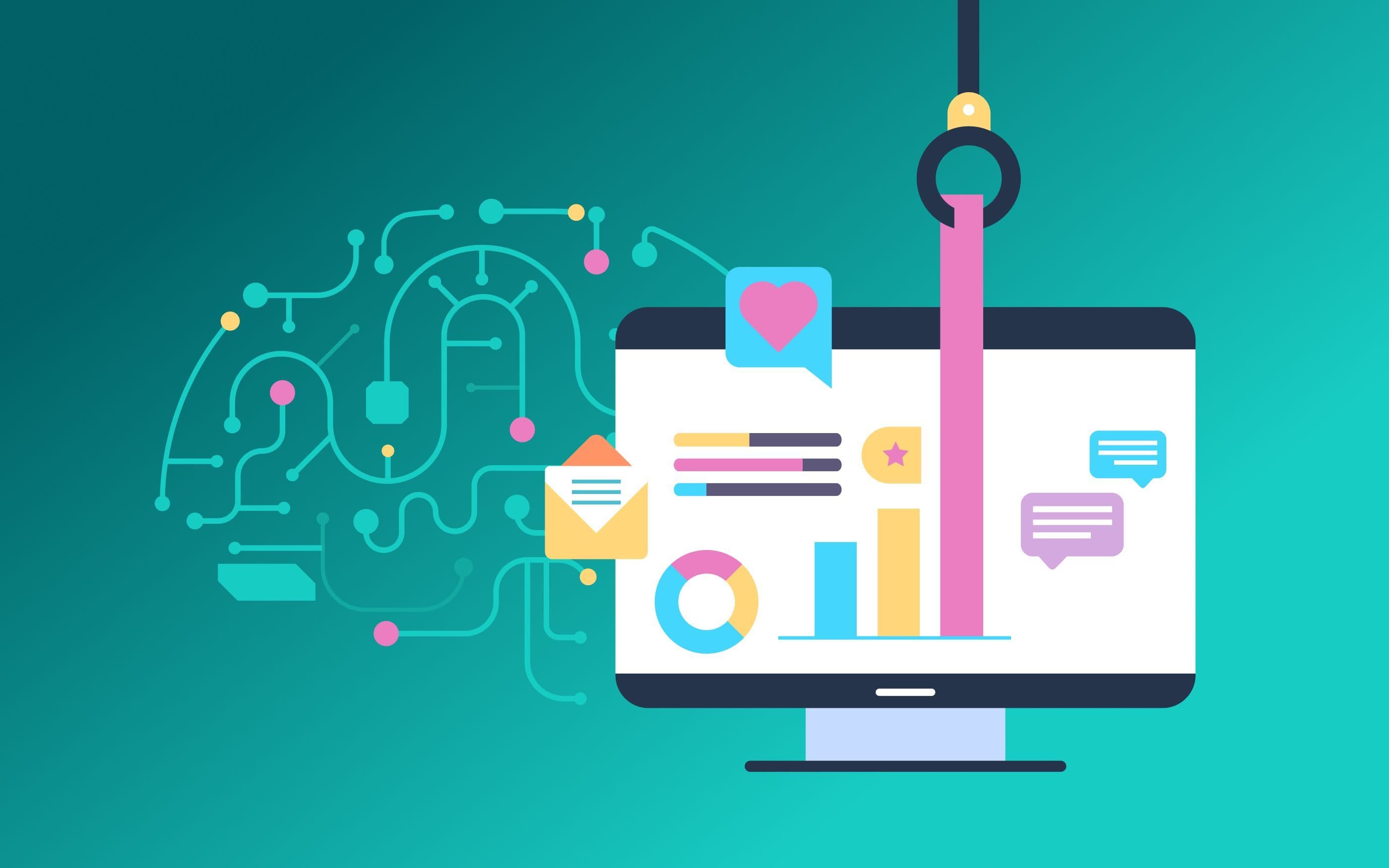 Illustration mit einem Computerbildschirm, der bunte Diagramme, Symbole und Nachrichtenblasen zeigt. Links daneben ein stilisiertes Netzwerk in Form eines Gehirns. Oben greift ein mechanischer Arm nach einem Element auf dem Bildschirm.