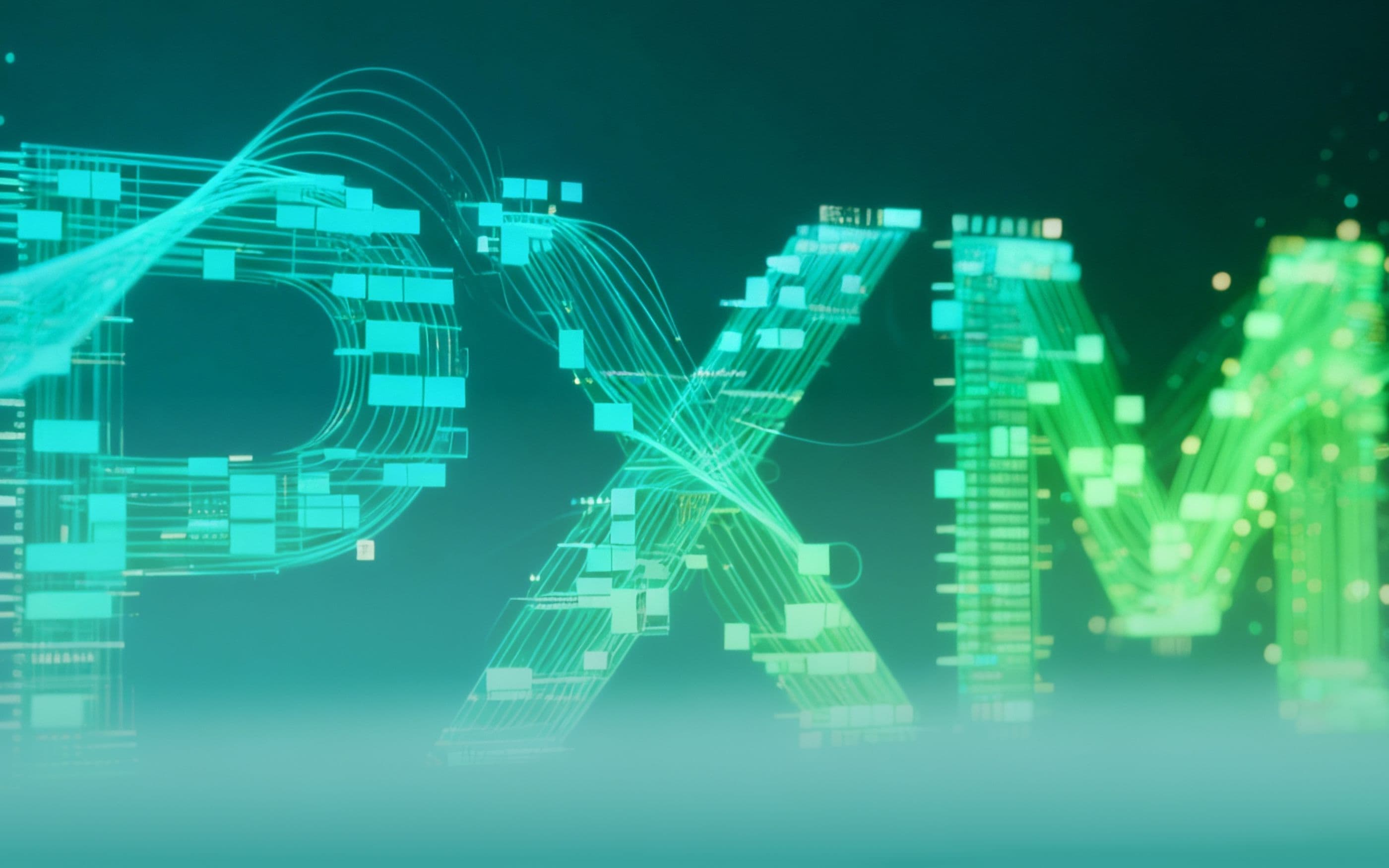 Digitales, abstraktes Bild mit den Buchstaben PXM, dargestellt in leuchtenden Grün- und Blautönen. Die Buchstaben bestehen aus vernetzten Linien und rechteckigen Elementen, die Datenströme und Technologie symbolisieren, vor einem dunklen Hintergrund.